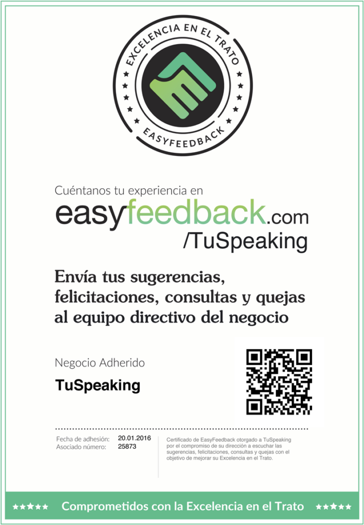 Certificado de EasyFeedback para TuSpeaking.