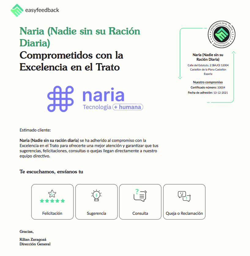 Página web de Naria en EasyFeedback