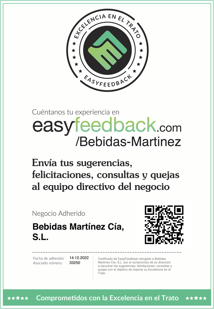 Certificado de EasyFeedback PRO personalizado para Bebidas Martínez