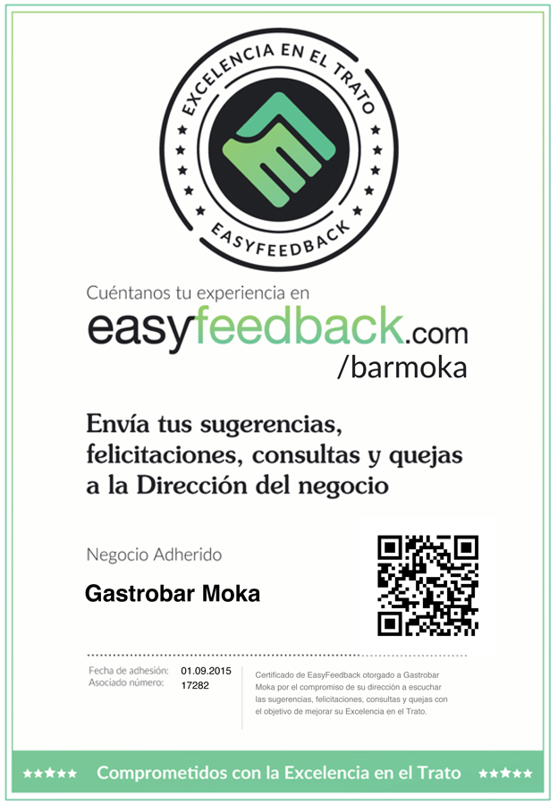 Certificado de EasyFeedback para Gastrobar Moka con fondo blanco
