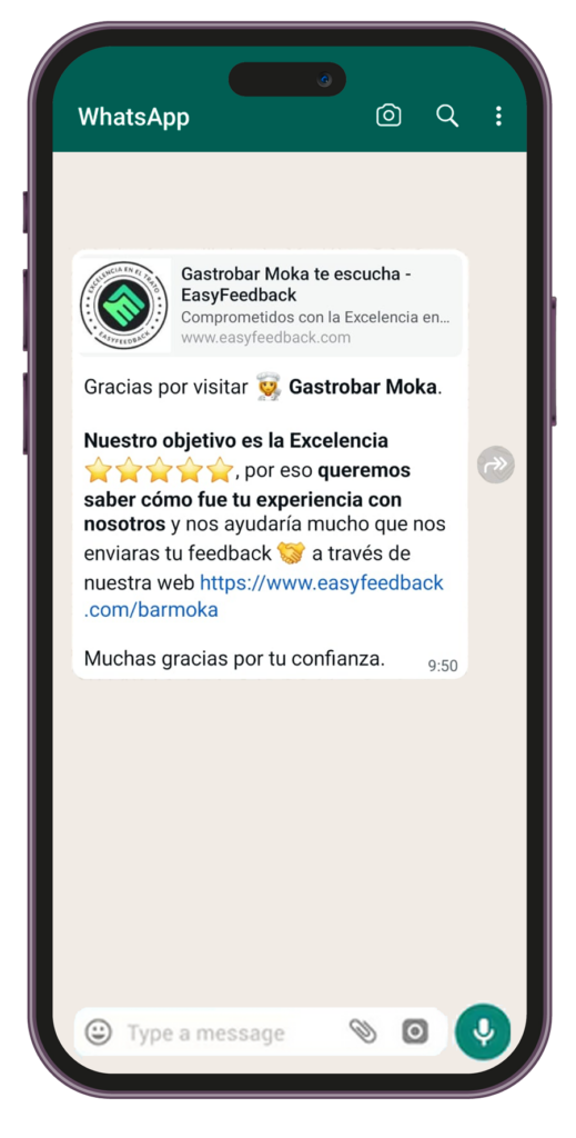 Whatsapp que envía el GastroBar Moka a sus clientes